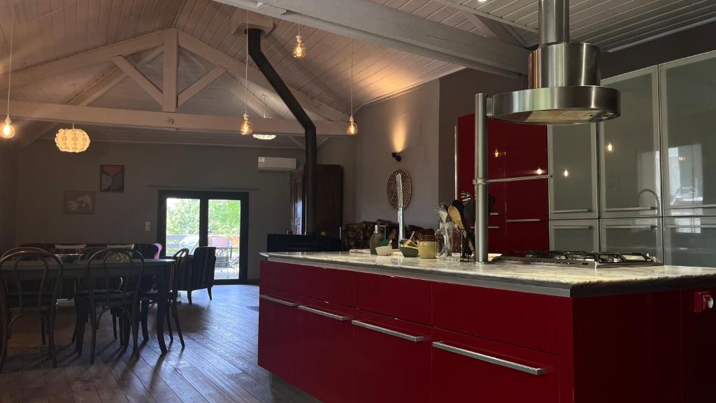 ヴァルレアスにあるMaison Chaleureuse avec Terrasse Privéeの赤いキャビネット付きのキッチン、ダイニングルーム