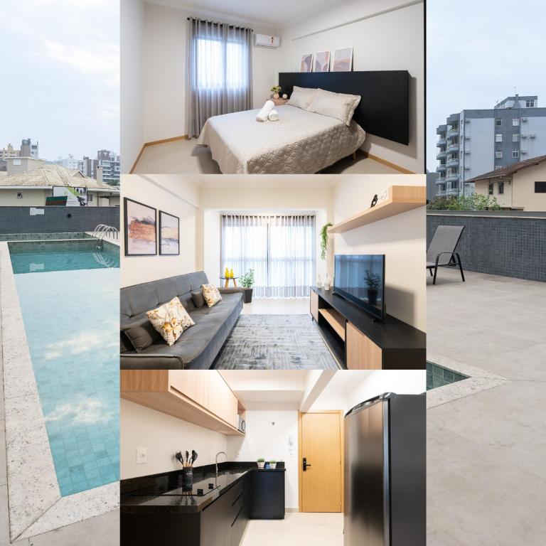 a collage of photos of a bedroom and a living room at Localização Central! A 450 metros da Vila Germânica Loft com Piscina, Ar-Condicionado, Wi-Fi, Cozinha completa, Garagem Privativa, Espaço Zen, Academia, Sauna, e Mercadinho 24h in Blumenau