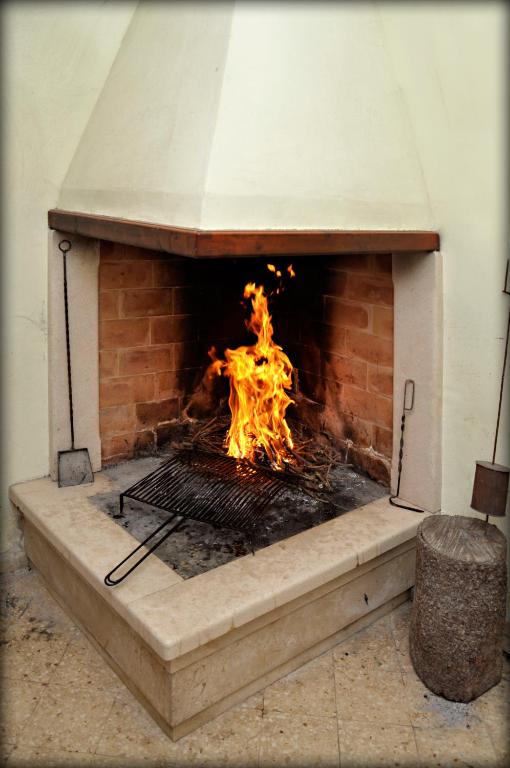 a brick oven with a fire inside of it at Apartments Lumbarda in Lumbarda