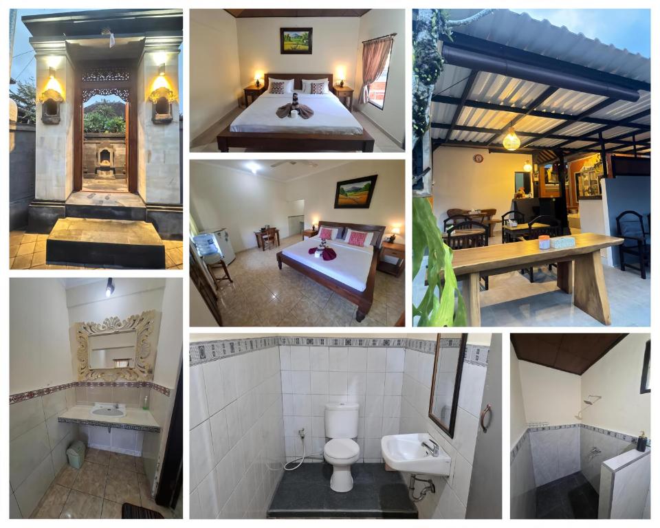 Un collage de cuatro fotografías de una habitación de hotel. en Happy Inn 2, en Ubud