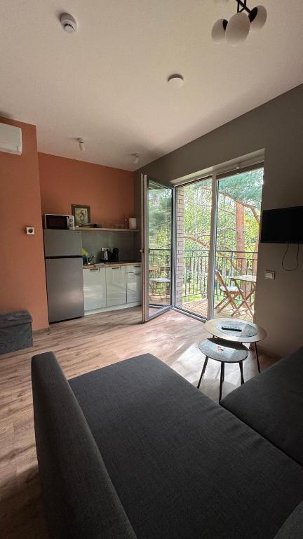 a living room with a couch and a table at 4 winds Zephyrus in Palanga