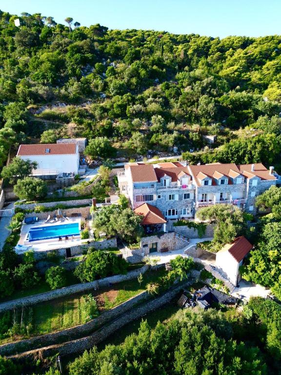 an aerial view of a house with a swimming pool at Boutique Hotel Tomić in Lopud