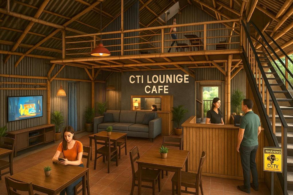 a rendering of a cafe with people sitting at tables at Cherry Traveller Inn in San Jose de Buenavista