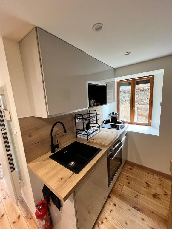 a kitchen with a sink and a counter top at 18 m studio in Orelle 73140 in Orelle
