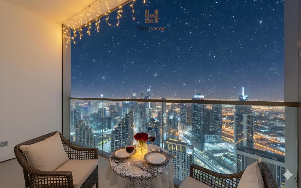 a room with a table and chairs and a large window at Stay Steps from Burj Khalifa & Dubai Mall With Skyline Views 2BR Downtown Like Home in Dubai