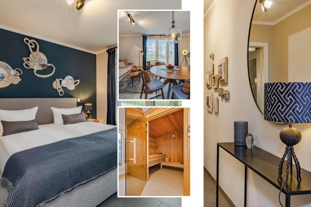 twee foto's van een hotelkamer met een bed en een eetkamer bij Terrasse am Haff in Zirchow