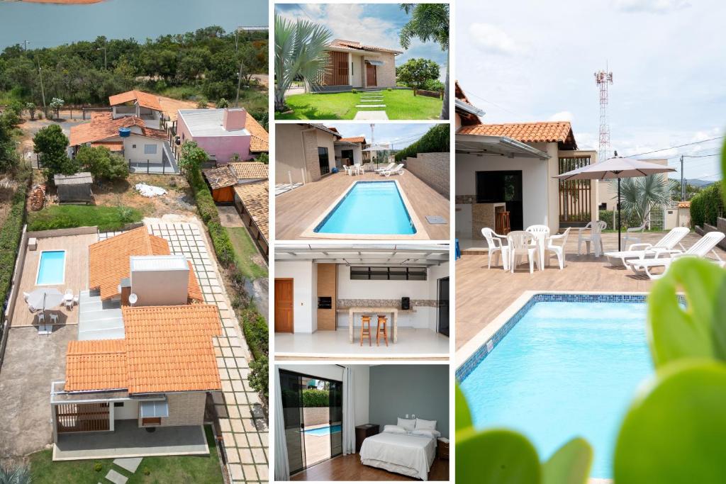 a collage of pictures of a house and a swimming pool at Casa com piscina vista para lago, 03 quartos confortáveis in Capitólio