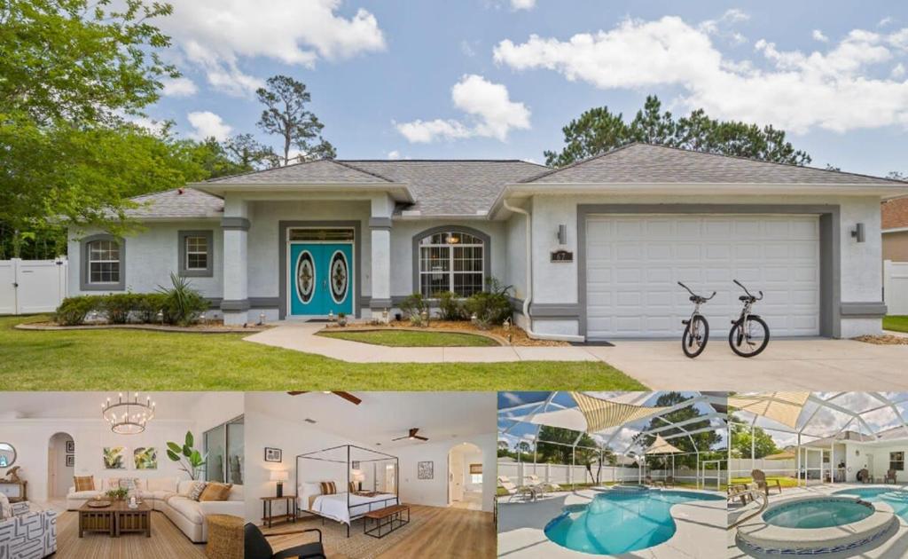 a collage of photos of a house at Oasis Heated Pool Spa Fenced Yard Bicycles in Bunnell