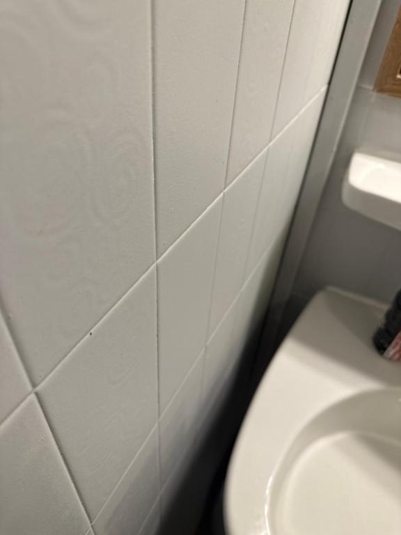 a bathroom with a toilet and a white tiled wall at Chambre, cosy in Vétraz-Monthoux