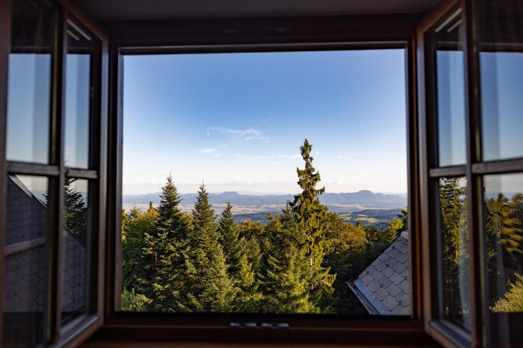 a window with a view of trees in the distance at Luxury apartments Prežin in Hočko Pohorje