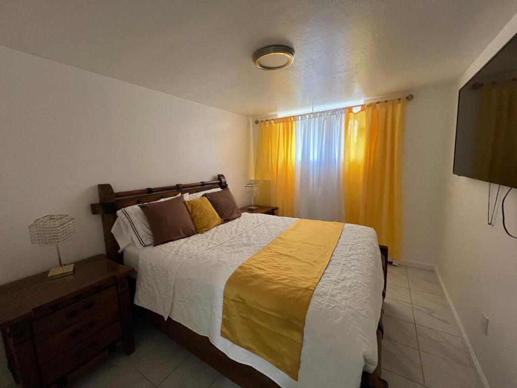 ブルックリンにあるLuxury 2-bedroom and 1-bathroomの大きなベッドと窓のある寝室