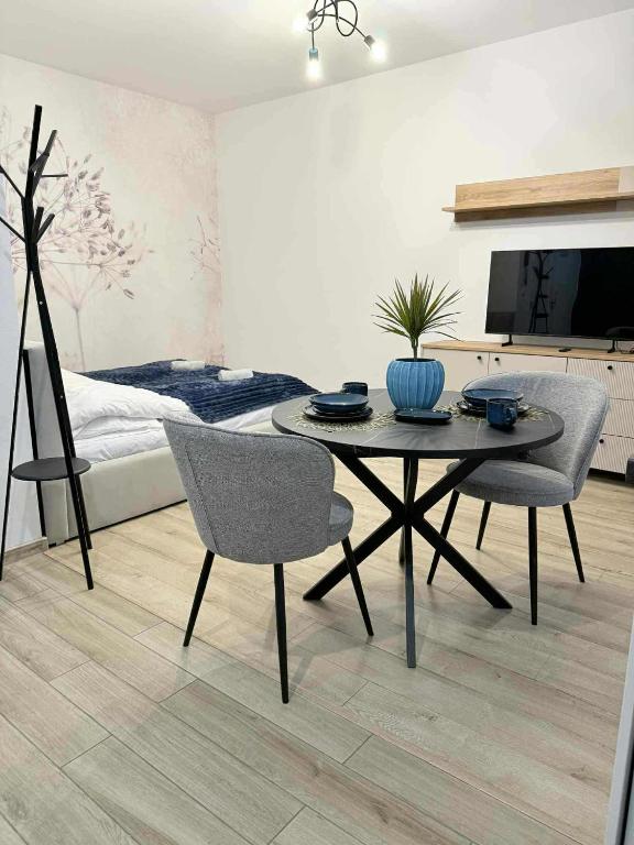 a living room with a table and chairs and a bed at Apartament Bracka 23 in Żywiec