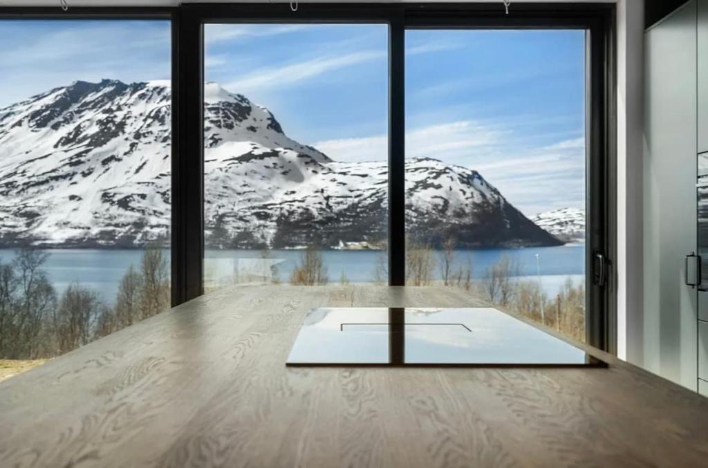 a room with a view of a snow covered mountain at LyNora Lodge 