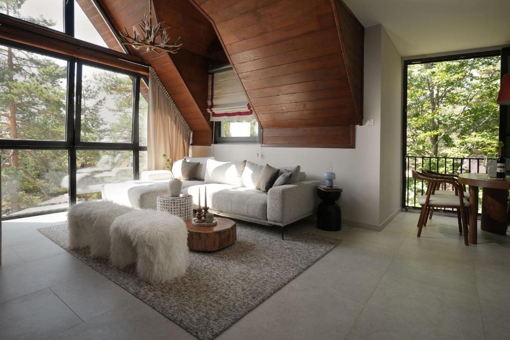 a living room with a white couch and large windows at Gigi Mountain Home in Divčibare