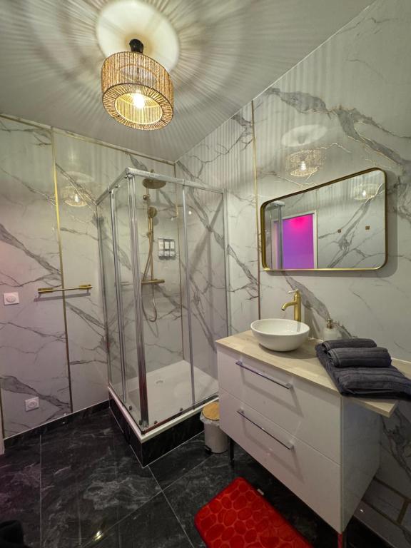 un baño con ducha y lavabo en Appartement Love Room, jacuzzi spa & sauna, en Chevilly-Larue