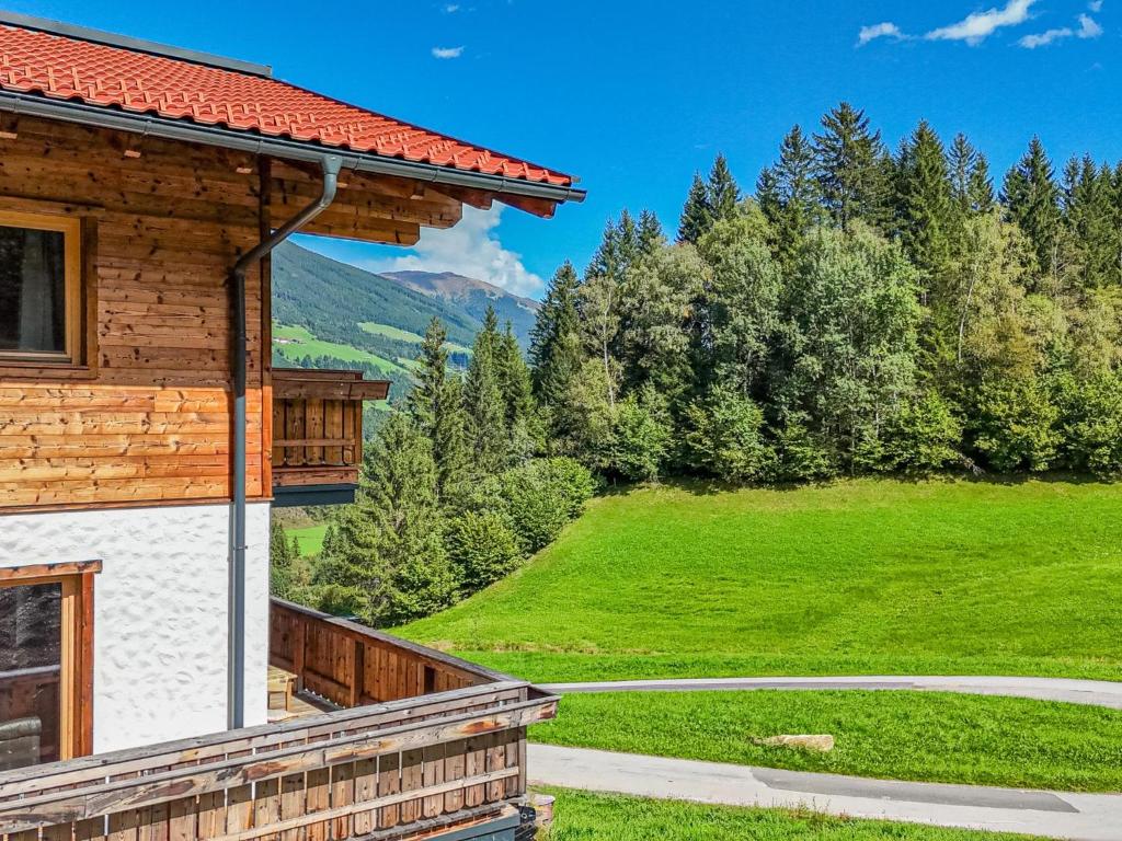 a log house with a view of a green field at Haus Bergstille Top 1 in Vorderkrimml