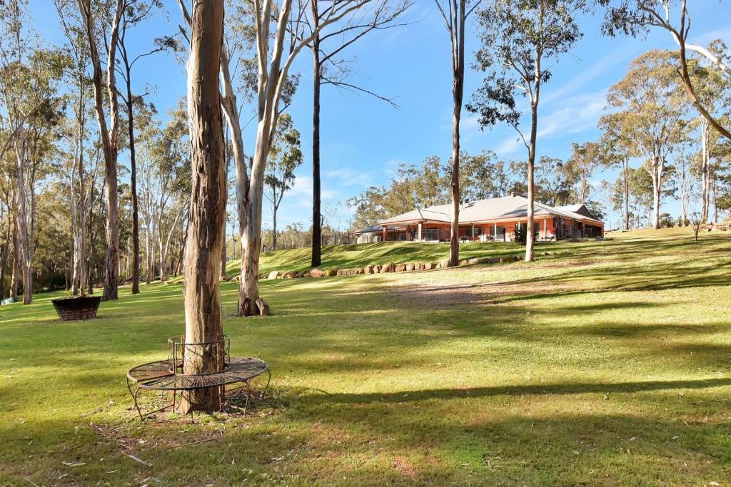 North RothburyにあるWongaburra Luxury Homesteadの木の横にベンチのある公園