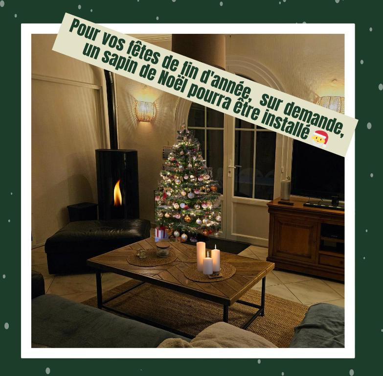 a living room with a christmas tree and a sign at Les pieds dans l'eau in Saint-Quay-Portrieux