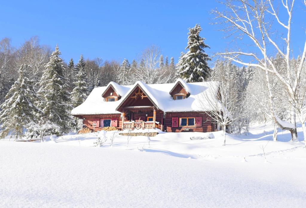 a log cabin in the snow with snow covered trees at Górskie Siedlisko - Chata Rycerska in Rycerka Górna