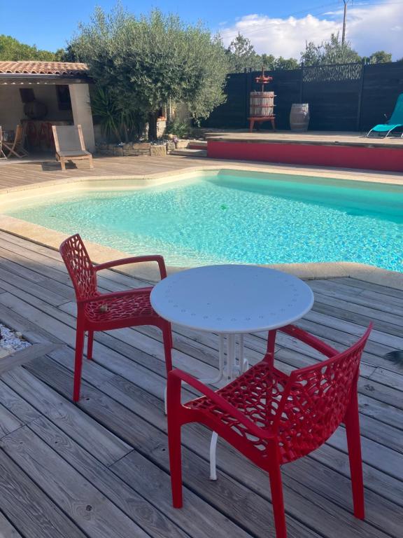 a table and two chairs next to a pool at Le Temps d'une Parenthèse Chambre d'hôte en Camargue wifi piscine Clim in Marsillargues