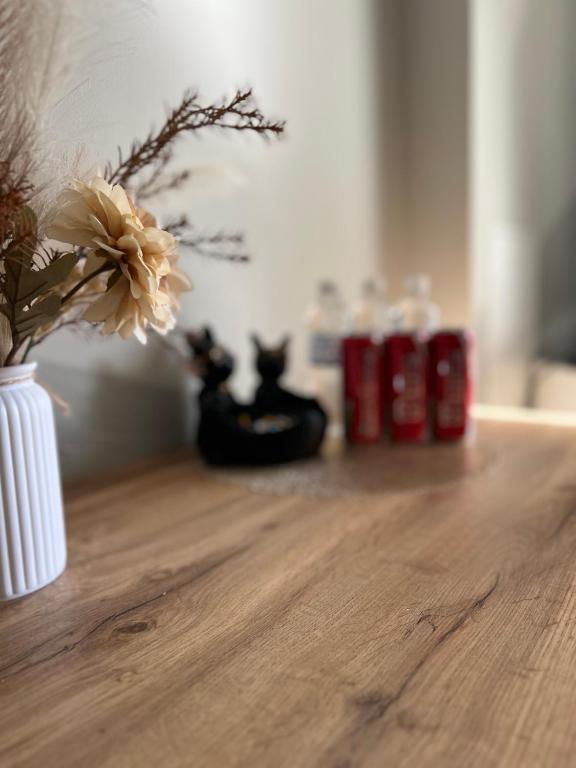 a vase with a flower on a table with bottles of coke at Šiauliu apartamentai in Šiauliai