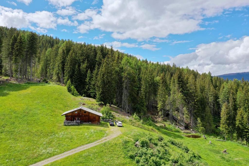 a small cabin on a grassy hill with trees at Almliesl WELS-424 in Monguelfo