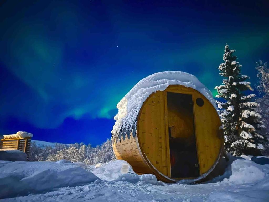 a snow covered igloo in the snow with a tree at Cabin with Sauna and Aurora Views in Karlsøy