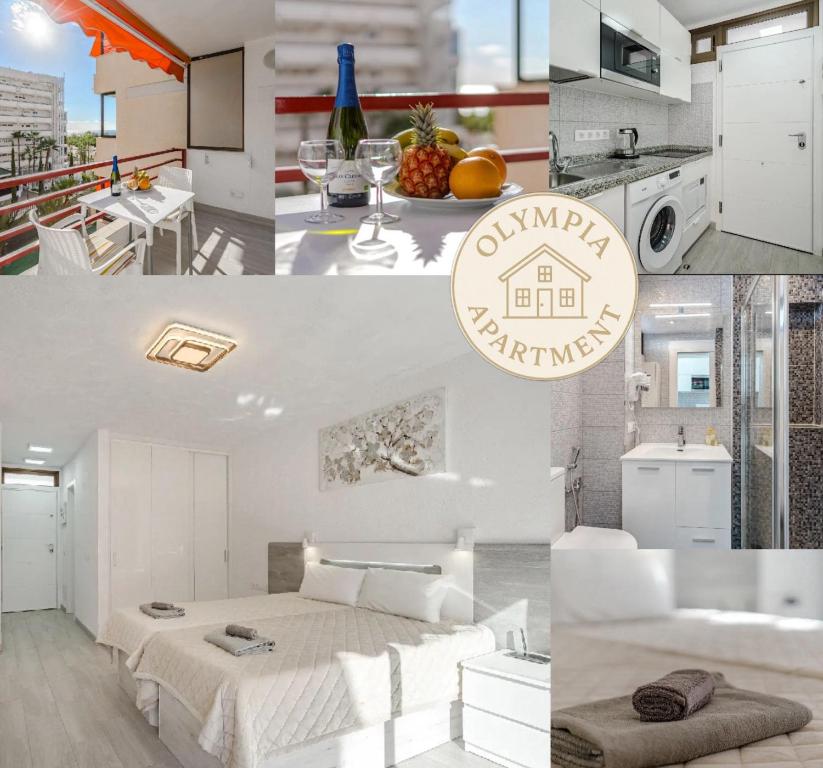 eine Collage mit Fotos von einem Schlafzimmer und einem Wohnzimmer in der Unterkunft Luxury studio Tenerife in Playa de las Americas