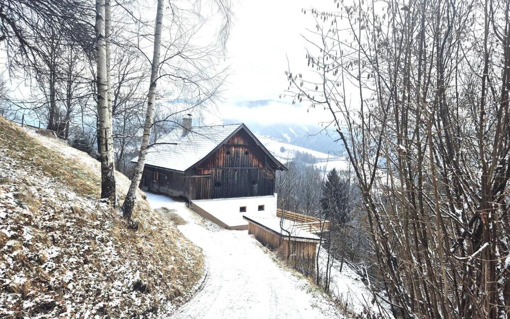 a barn on a snowy hill with a snow covered road at Almliesl KREM-753 in Eisentratten