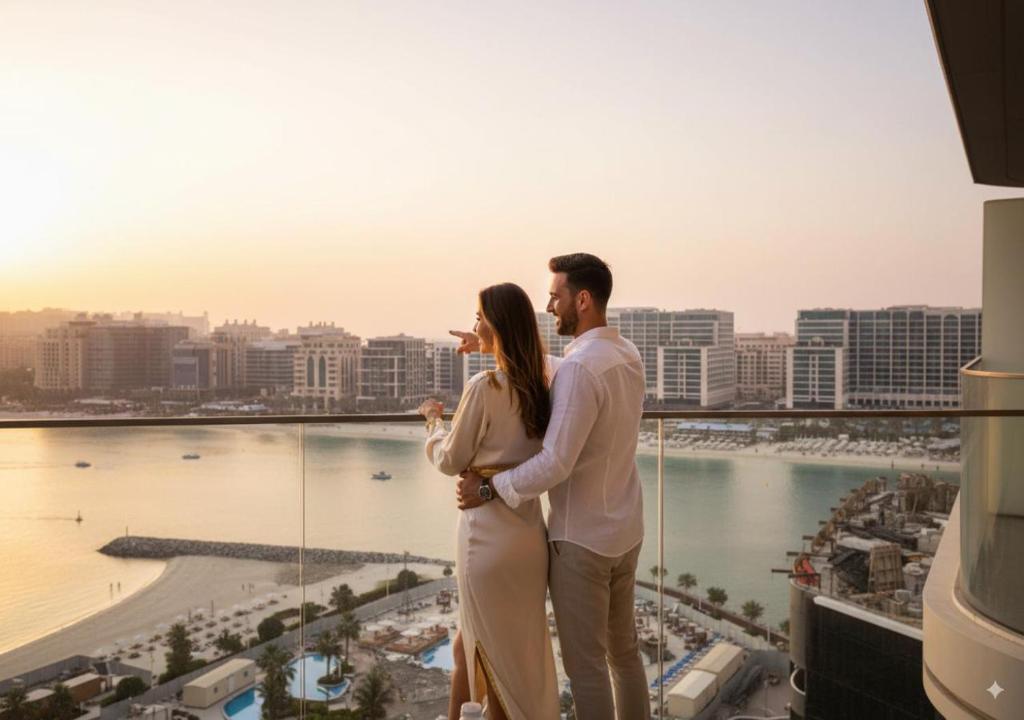a man and a woman standing on top of a building at KeyRock - Dubai Marina Stay with Pool & Gym in Dubai