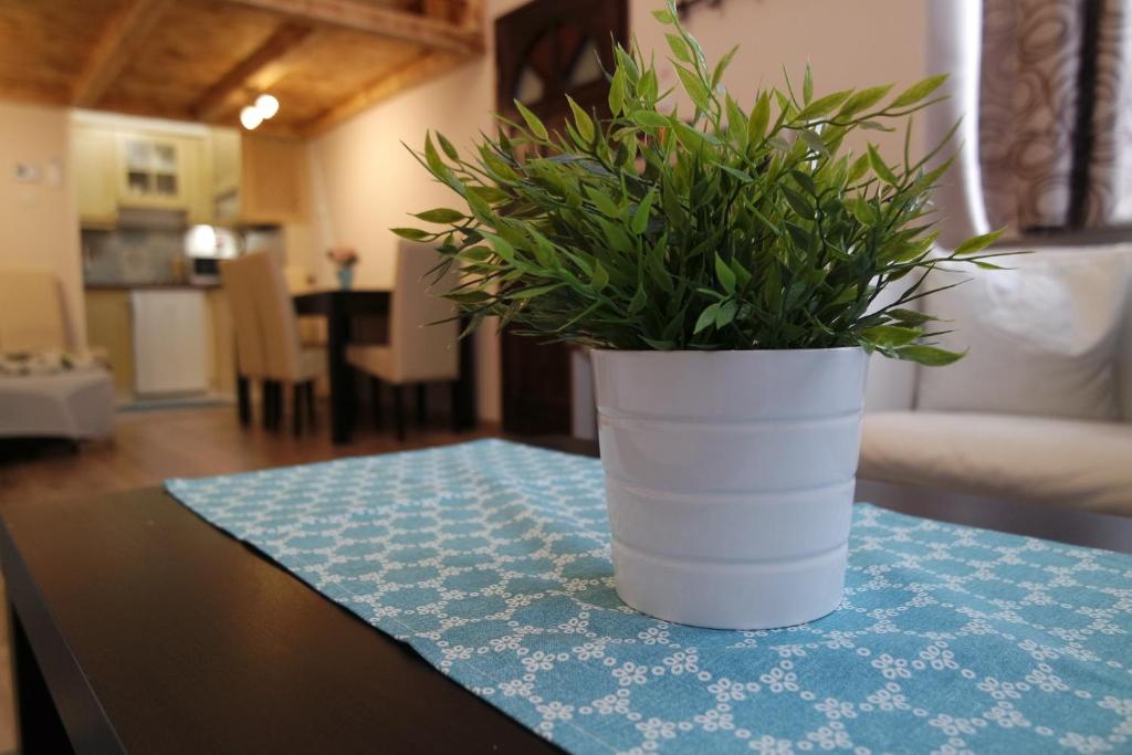 a plant in a white vase sitting on a table at Mirage Apartments Váci Street in Budapest