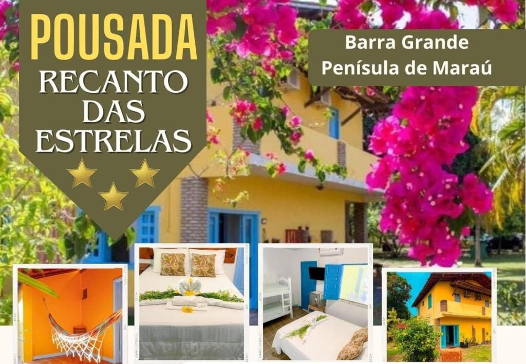 a collage of photos of a house with pink flowers at Pousada e Hostel Recanto das Estrelas in Marau