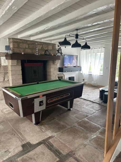 a pool table in a living room with a fireplace at Maison familiale in Razès