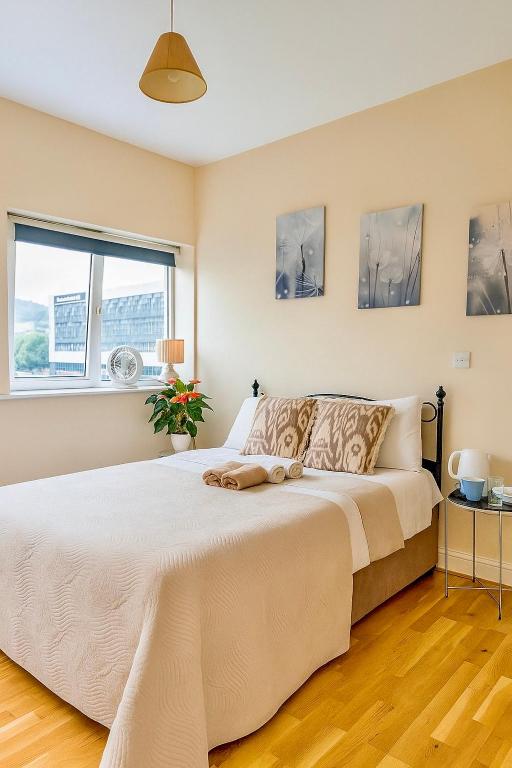 a bedroom with a large bed and a window at Heron Gate Comfort, Park and Pillow in Cork