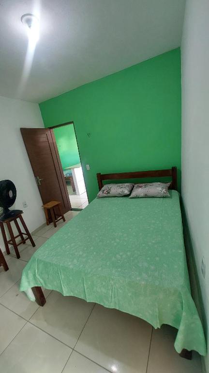 a green bedroom with a bed and a green wall at Casa Hostel da Cida in Pipa