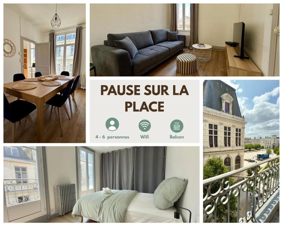 un collage de fotos de una habitación con sofá y mesa en Pause sur la place, en Poitiers