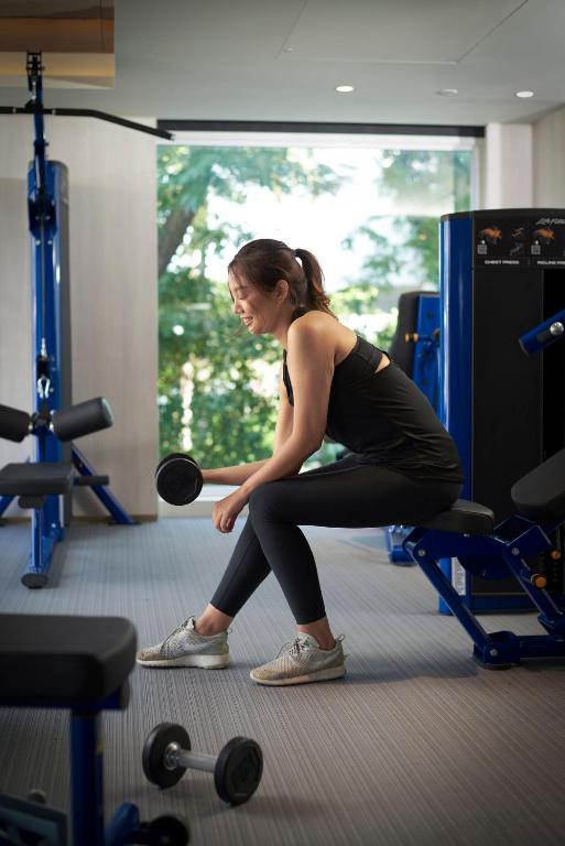 A strength-training area with free weights, machines and a tree-lined window.