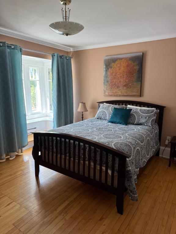 a bedroom with a large bed with blue pillows at Midstream Manor Unit 10, 2 Bedroom Apartment in St. John's