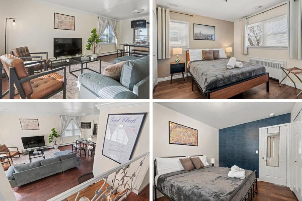 a collage of three pictures of a living room and a bedroom at Group Chic - 25 Mins to NYC - FREE Parking - Washer & Dryer in Fairview