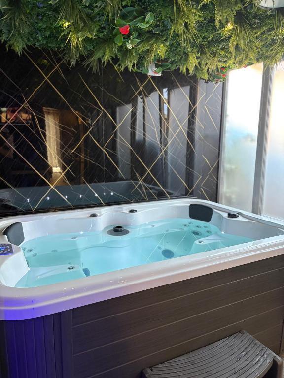 Opalys spa : حوض استحمام في حمام مزين بشجرة عيد الميلاد