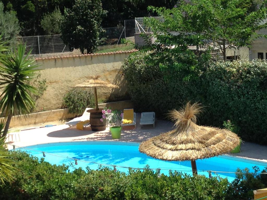 dos sombrillas de paja sentadas junto a una piscina en Hôtel Les Mimosas en Bormes-les-Mimosas