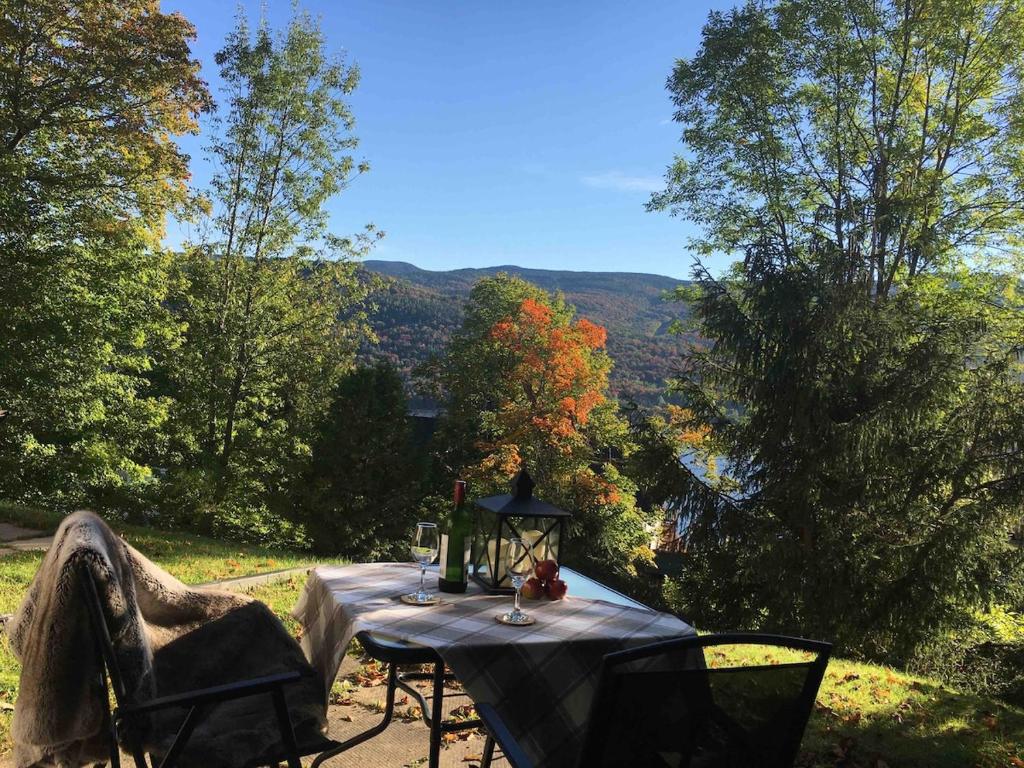 una mesa de picnic con vistas a las montañas en Le Coin Relax Tremblant, en Mont-Tremblant