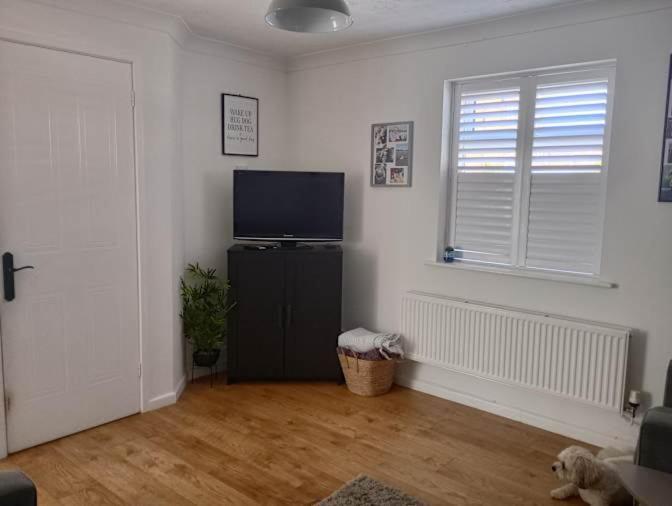 a living room with a flat screen tv and a dog at Charming Tewkesbury Holiday Home - Gateway to the Cotswolds in Tewkesbury