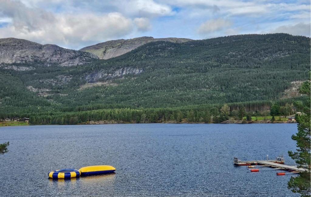 zwei gelbe und blaue Boote auf einem See mit Bergen in der Unterkunft Nice Home In Vrådal With House A Mountain View in Vradal