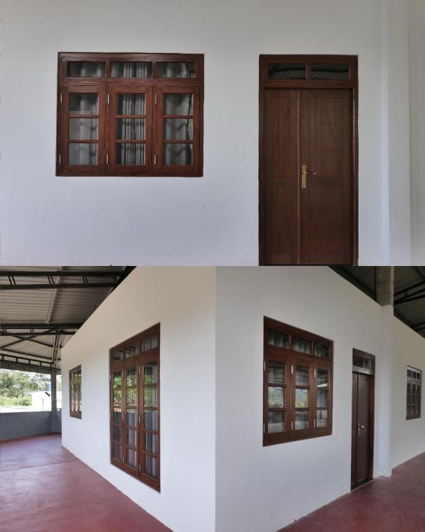 two images of wooden doors on a building at Sakura Stays in Nawalapitiya