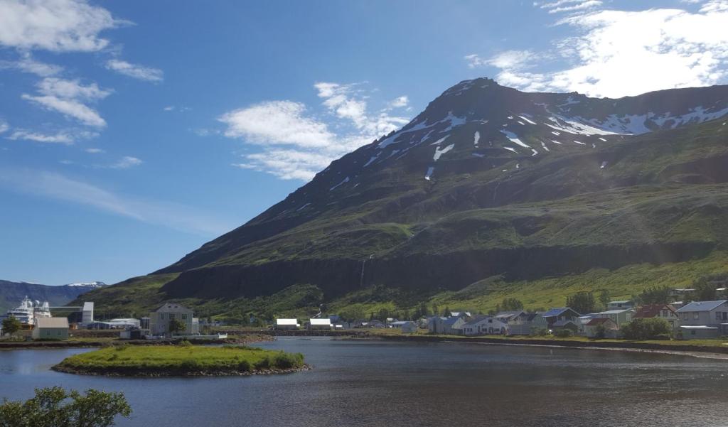 a mountain with a town in front of a river at Við Lónið Guesthouse in Seyðisfjörður