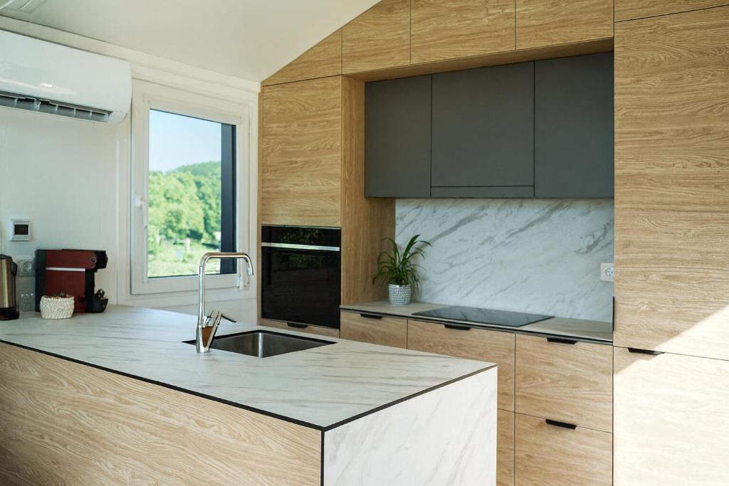 a kitchen with a sink and a counter top at Designer Ferienhaus für Paare & Familien I Natur Pur & Sternenhimmel inklusive! in Untergriesbach