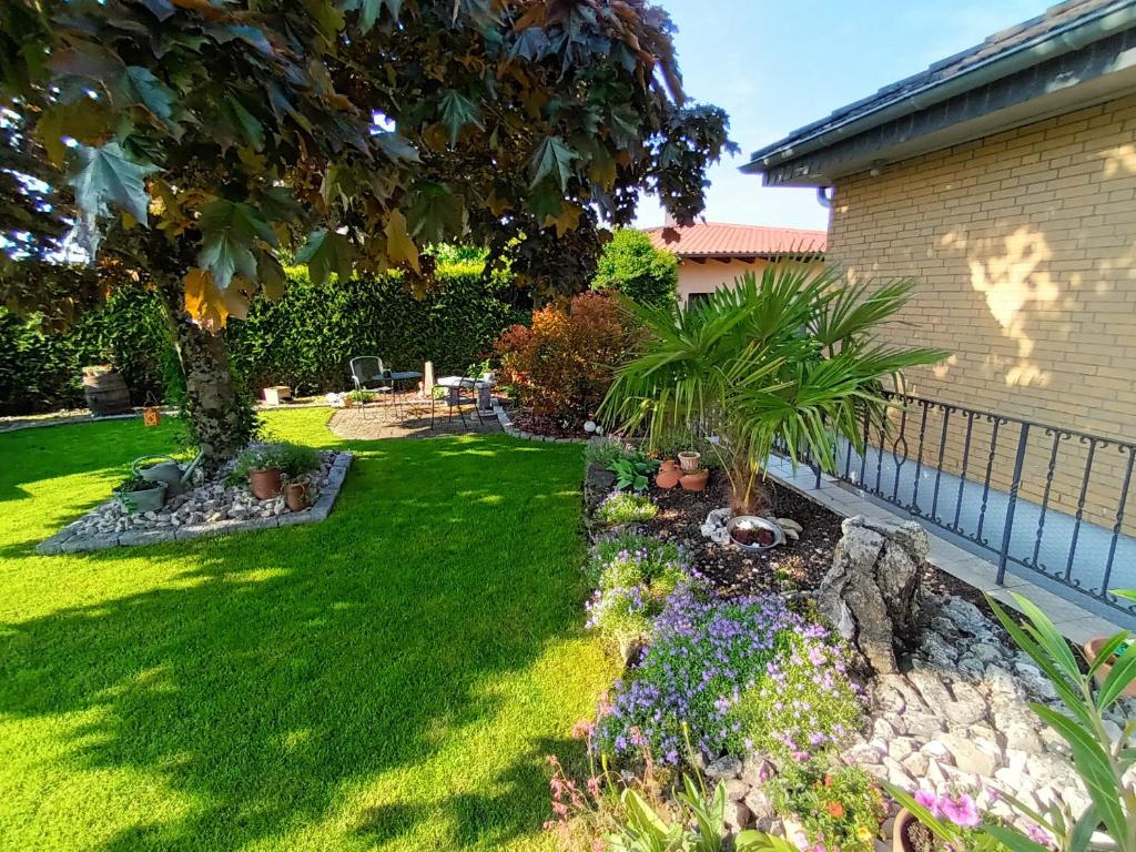 a garden with flowers and plants in a yard at Ferienwohnung Doris in Sinsheim