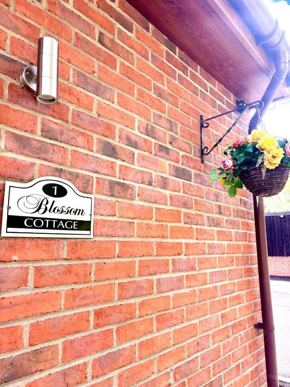 a brick wall with a basket of flowers on it at Blossom Cottage in Strensall