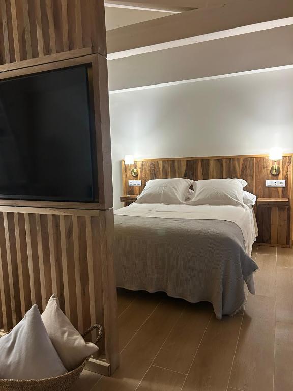 a bedroom with a bed and a flat screen tv at Arenas Suites in Potes